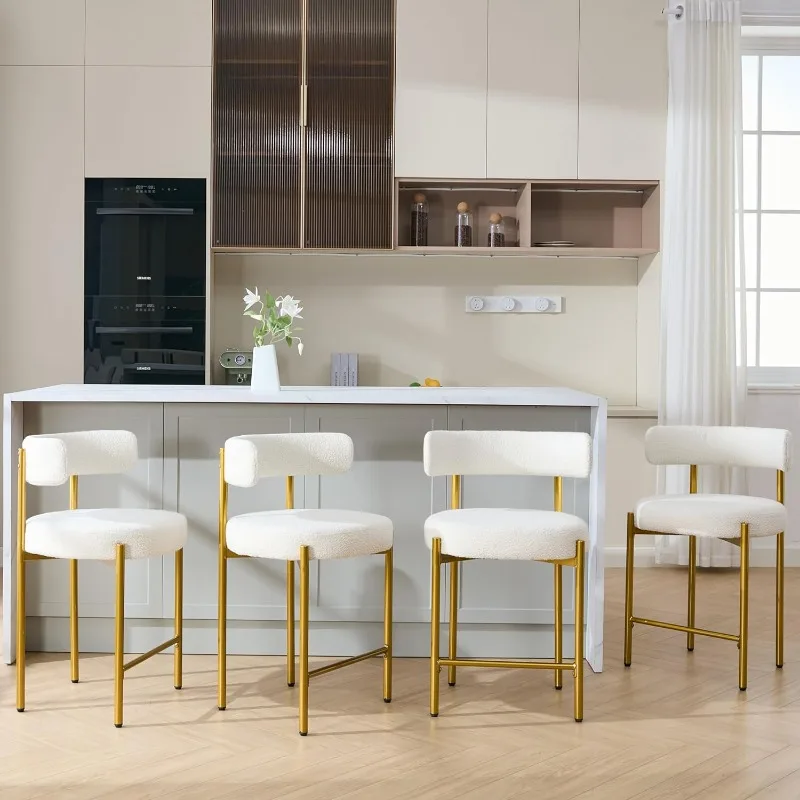 Mid-Century Modern Bar Chai Bar Stools, 24'' White Bar Stools Set of 4, Boucle Barstools with Back and Gold Legs