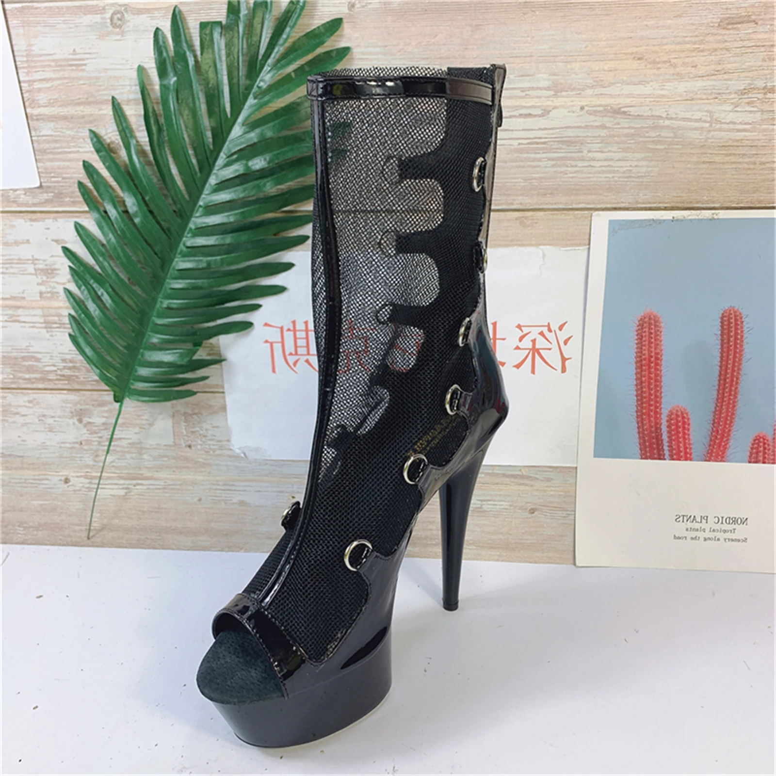 2025 القوطية فم السمكة أحذية النساء شبكة والجلود منصة خنجر الكعوب عبر الدانتيل يصل حلقات معدنية اللمحة تو حذاء من الجلد