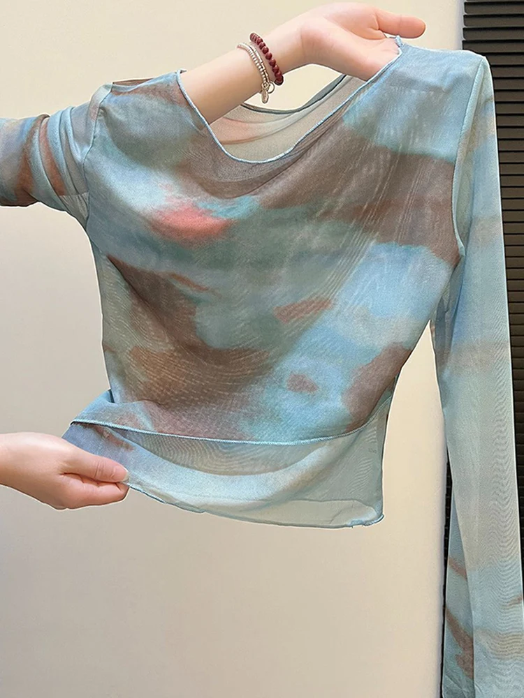 

Blue Dyed Mesh Sunshade Cover up Women's Long Sleeve T-Shirt Korean Style Straight Cut Silk Top with Wood Grain