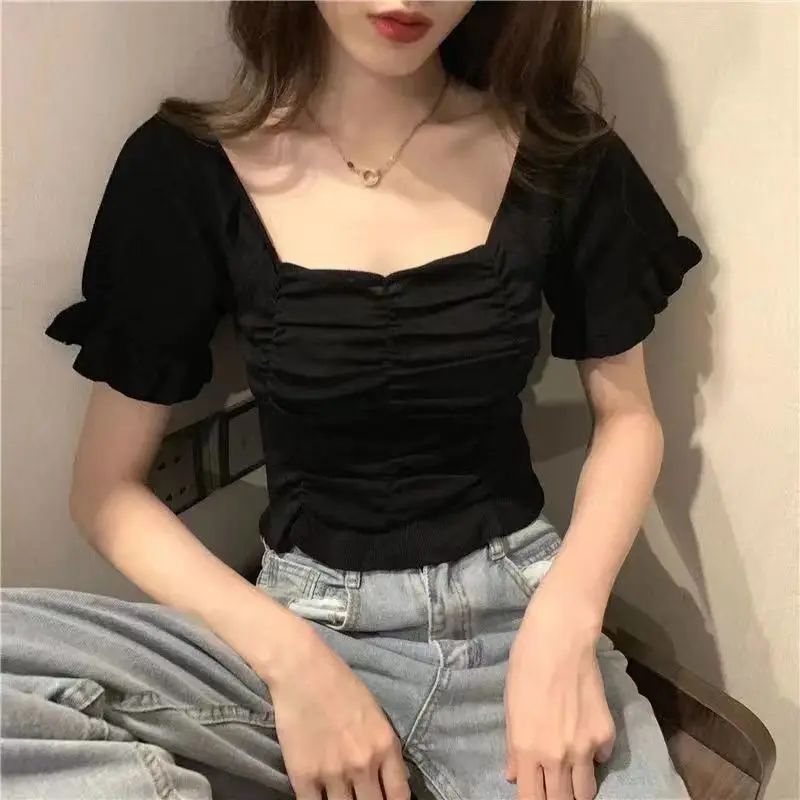 Top corto con cuello cuadrado para mujer, Camiseta de punto dulce elegante con volantes, blusa ajustada de manga corta Multicolor que combina con