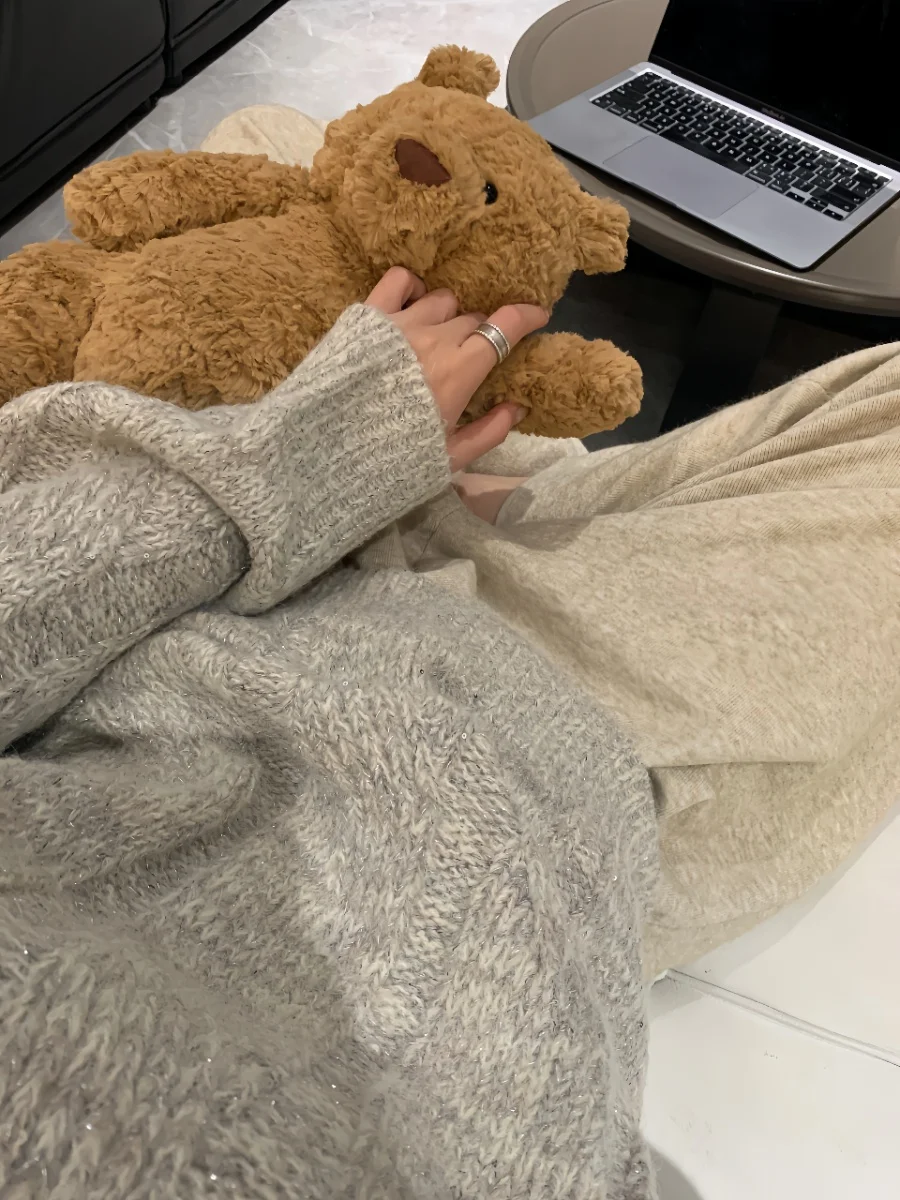 

Модный корейский свитер Bling Bubble из шерсти (30% шерсть) с серебристыми нитями, свободного кроя, разноцветный, осенне-зимний, женский, утепленный, с круглым вырезом