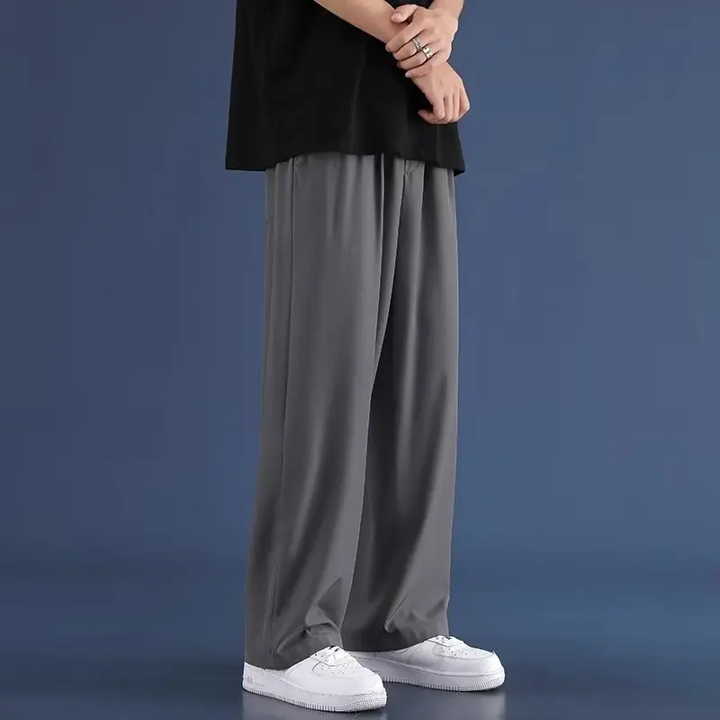 

Solid Color Elastic Waist Ice Shreds Men Summer Simplicity Hong Kong Winds Loose Large Size Sagging Sensation Wide Legs Trousers