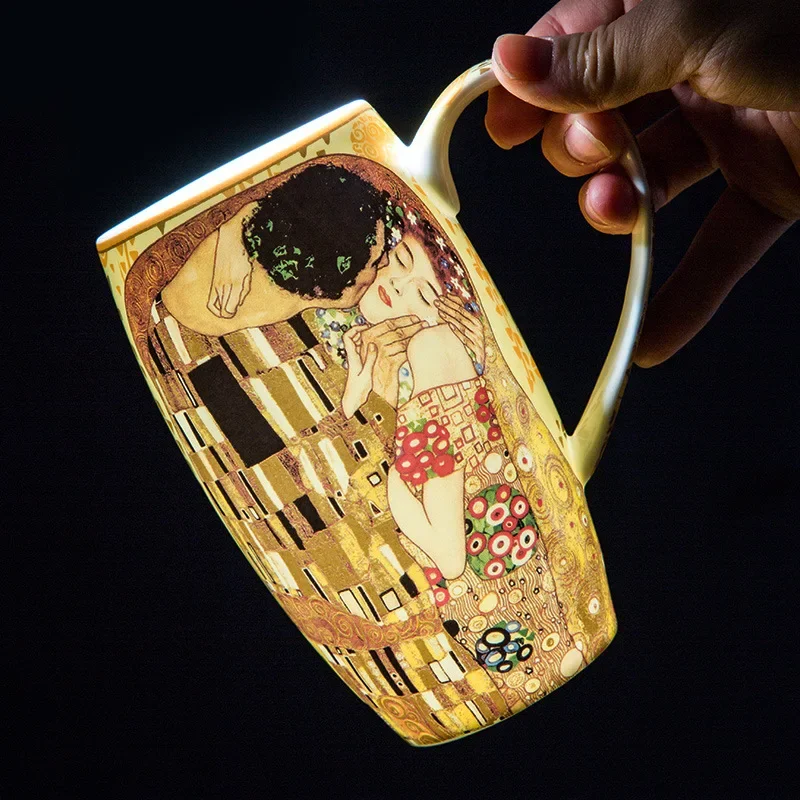 Klimt Large  Mug Oil Painting Kiss Ceramic Coffee Cup Bone China Creative Breakfast Cups with Lid Spoon Personalized Gift Box