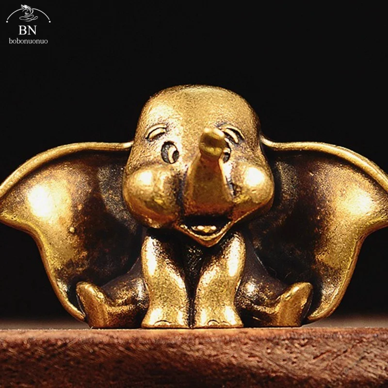 Cute Big Ears Elephant Small Statue Solid Brass Animal Desktop Ornament Vintage Miniatures Figurines Home Decoration Crafts Gift