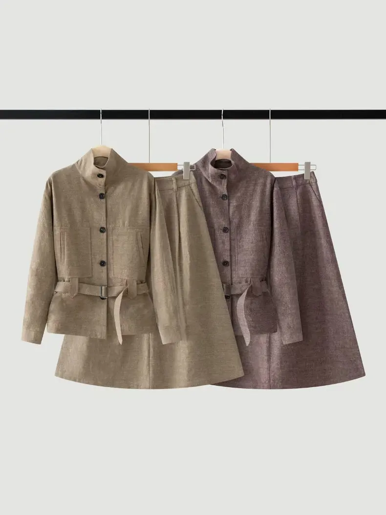 2026Women's Autumn/Winter Linen-Wool Set: Cropped Jacket and Skirt