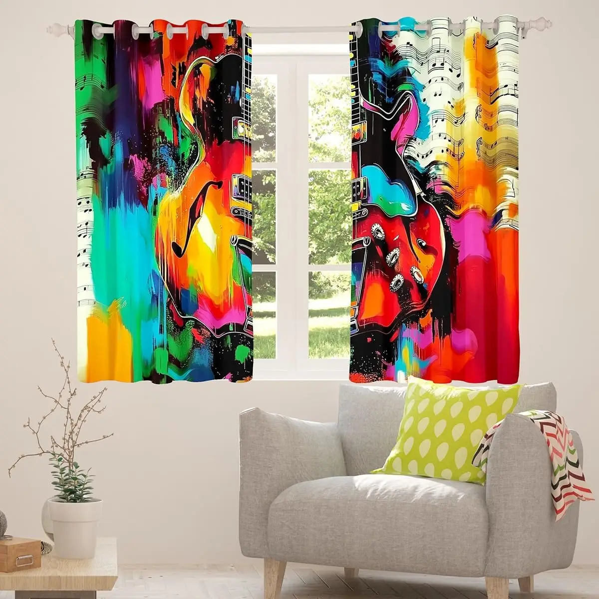 Vibrant Graffiti Guitar & Musical Note Blackout Curtains, Rock Art Thermal Insulated Window Drapes for Bedroom and Music Room
