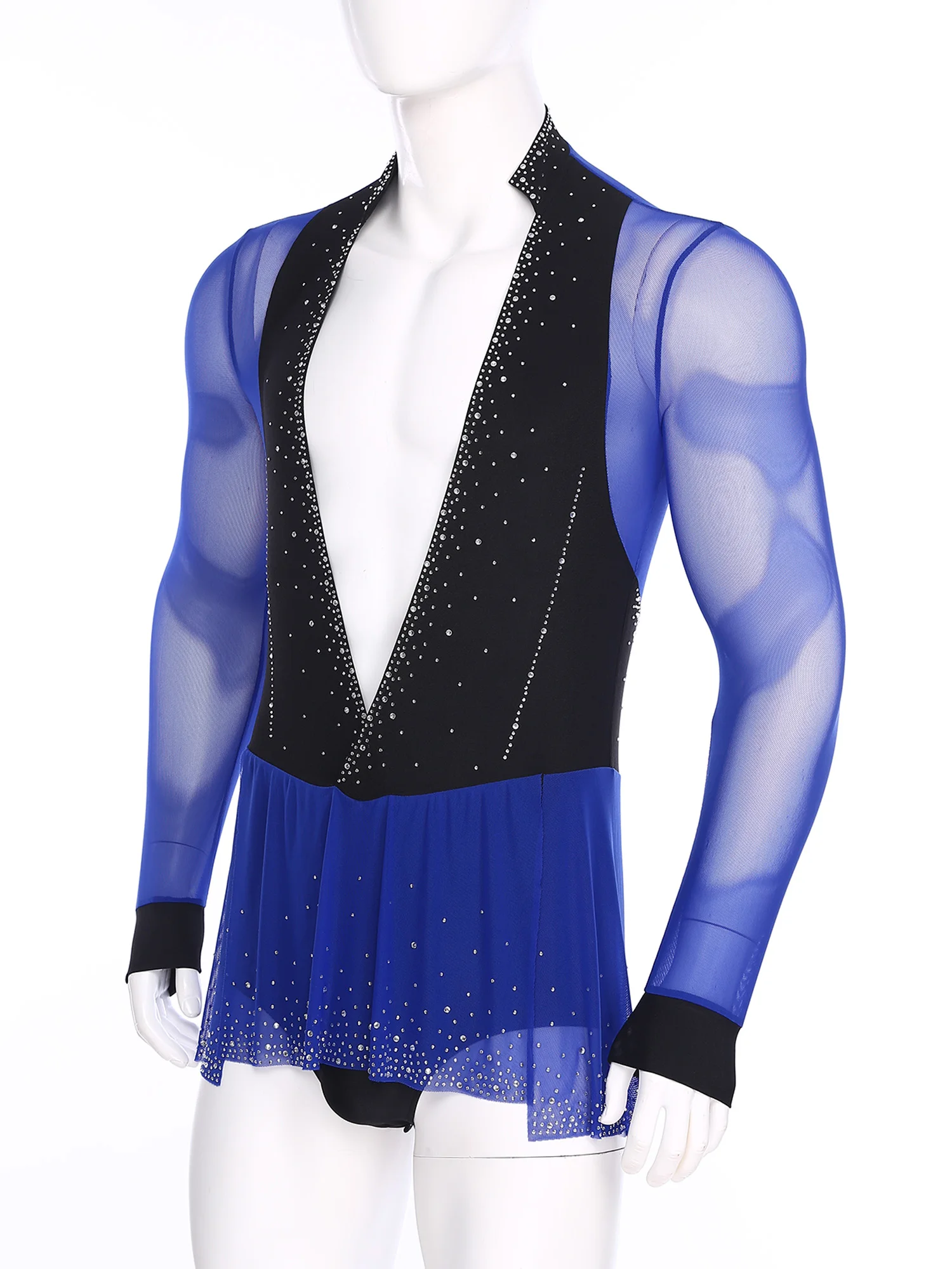 Men's Long Sleeve Gymnastics Bodysuit Jumpsuit Chacha Sheer Mesh Latin Dance Skating Salsa Samba Acrobatics Leotard Tops
