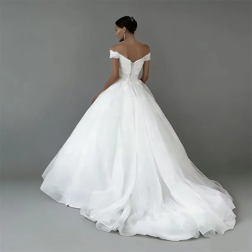 Customized White Princess Off The Shoulder Lace Appliques Wedding Dresses Sweep Train Bridal Gowns A-Line Tulle Bride Dress image 2