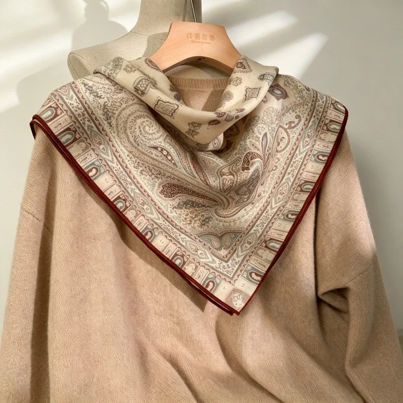 Double Sided Print Mulberry Silk Square Scarf Luxury Silk Wool Shawl Stylish Ladies All Match Daily Fashion Neck Wrap Ornament
