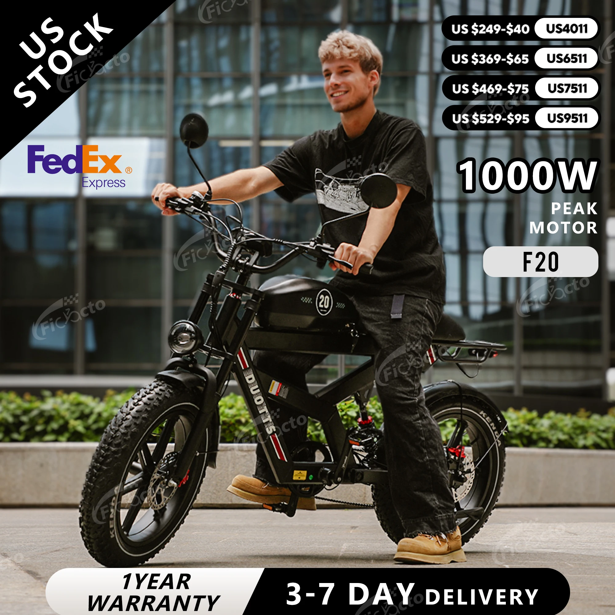 

DUOTTS F20 Electric Bicycle 20" 1000W Pake Motorcycle 52V 27Ah Lithium Battery Electric Bike FatTire All Terrain Off-road E-bike