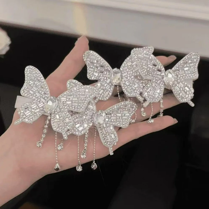

Full Rhinestone Tassel Bow Hair Clip for Women, Versatile Socialite Style, French-style Fringe Clip, Side Hair Accessory