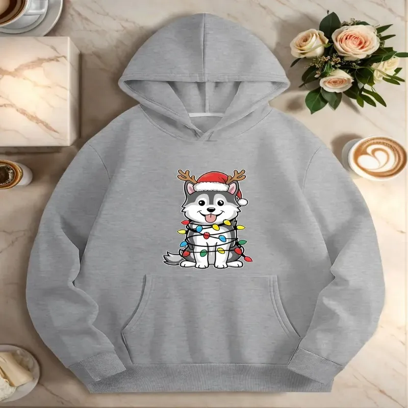 Fall Winter Plus Size Clothes Women Oversize Sweatshirt Female Cute Cartoon Husky Dog Art Graphic Top Round Neck Breathable Y2k