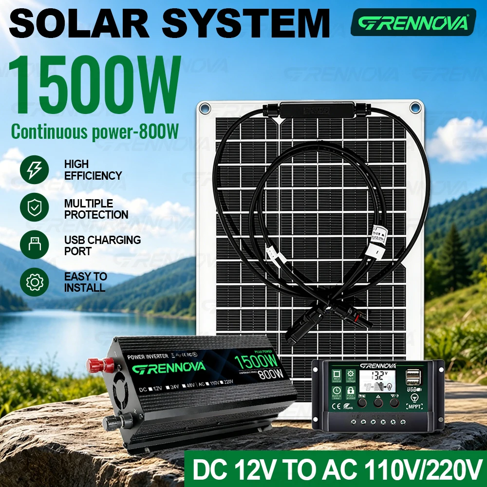 1500W Stable Power Solar Power Kit DC12V/24V to AC110V/220V Continuous 800W Inverter MPPT Controller 50W Panel for garden party