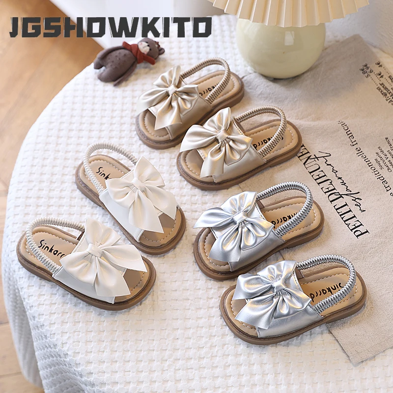 

JGSHOWKITO Girls Sandals Chic Elegant Classic Children Summer Beach Shoes with Big Bowtie Elastic Band Slip-on Princess Sweet