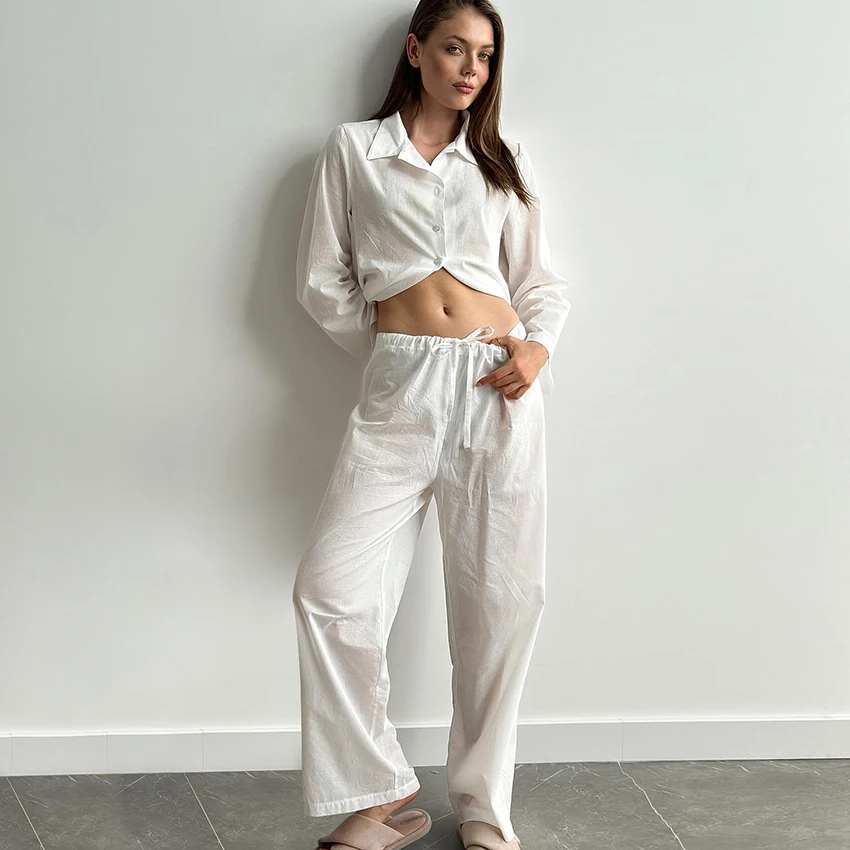 HiLoc White Casual Loose Woven Inelastic Pajamas 2-Piece Long Sleeve Lapel Single-Breasted Top Drawstring Full Length Pants 2026