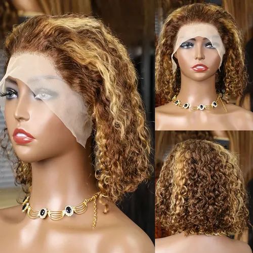 Imagen 2 del producto 4/27 resaltar peluca rizada Bob cabello humano onda profunda 13x4 Hd peluca con malla frontal 200% densidad onda de agua Rubio degradado Bob peluca de cabello humano