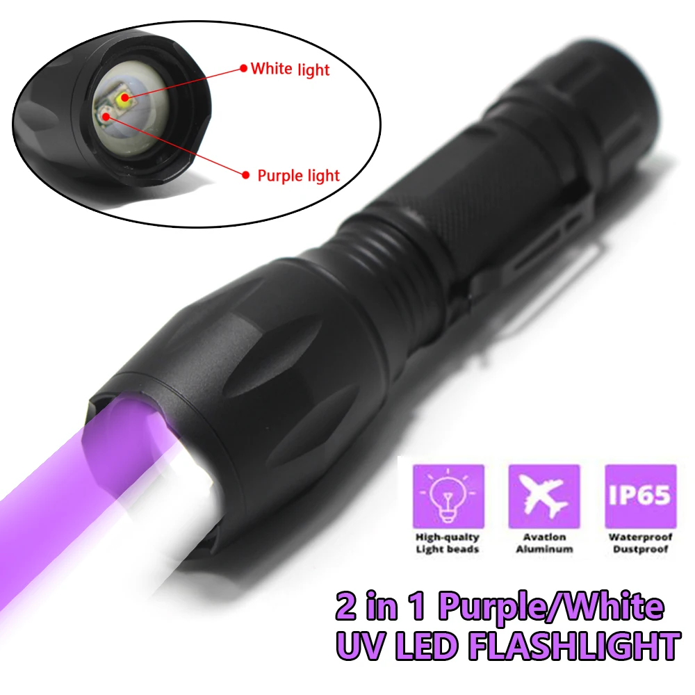 

2 in 1 UV LED Flashlight Purple/White Light zoom Torch Powerful UV Testing Lamp for Pet Urine Detector Hunting Spotlight 18650