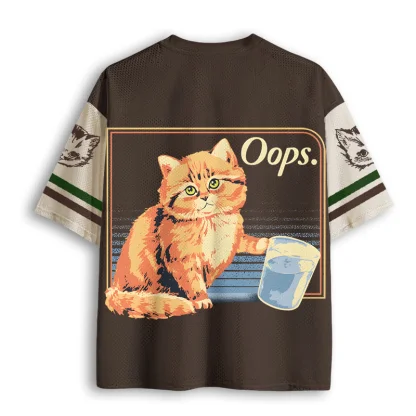 Vintage Oops Orange Cat Spill Water Print Men V Neck Mesh Jersey Retro Cartoon Short Sleeve Tee