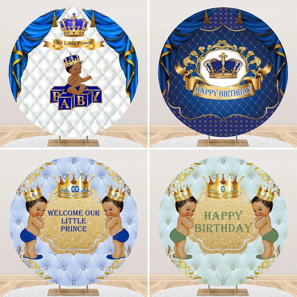 

Royal Blue Little Prince Round Photography Background Curtain Gold Crowns for Baby Shower Birthday Portrait Photo Shoot Backdrop