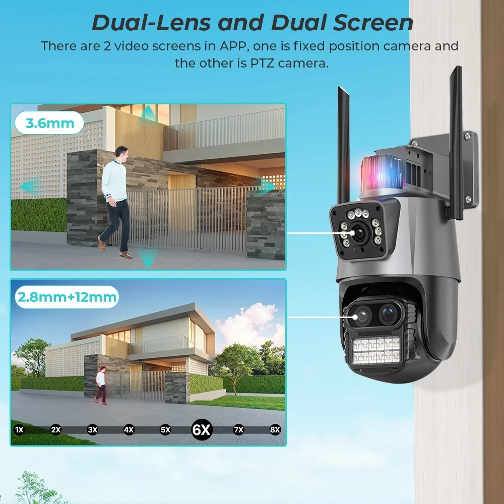 4K 8MP Camera WIFI PTZ Outdoor 8x Zoom Triple Lens Dual Screen Audio Home Security Monitoring Automatic Alert CCTV Camera IcSee