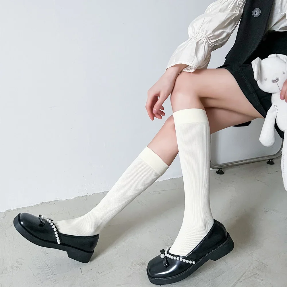 Women JK Stockings Lolita Calf Socks White Japan Summer Simple Striped Mid Tube Sock Thin Section Micro Pressed Black Pile Socks