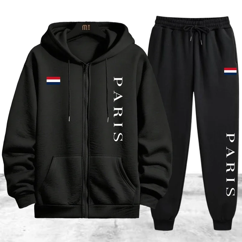 Paris Printing Men's Tracksuit Casual Zip Hooded Sweatshirts Coat Daily Sports Jogging Clothing Autumn Winter Single Tops Pants