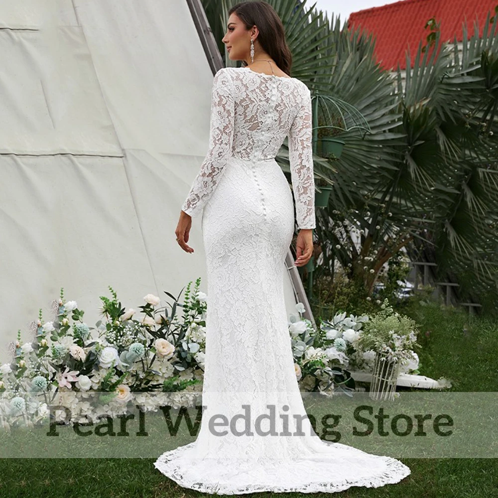 Exquisite Spitze Applique Meerjungfrau Hochzeit Kleid Langarm V-ausschnitt Handgemachte Drei-dimensional Blumen Braut Illusion Kleider