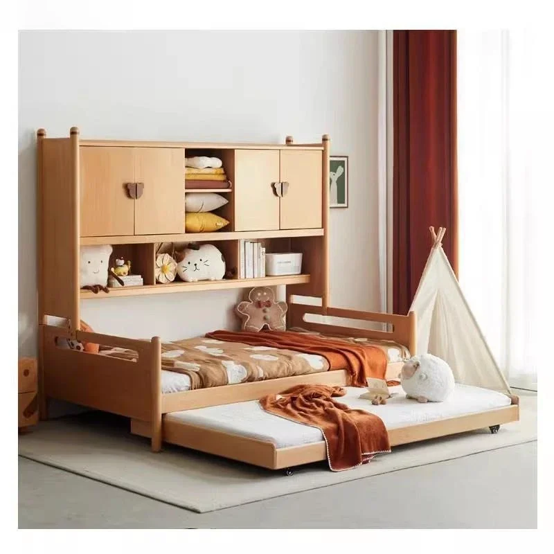 North American Cherry, Red Oak Children's Bed Wardrobe Combination, Bed Storage Draw With Trailer