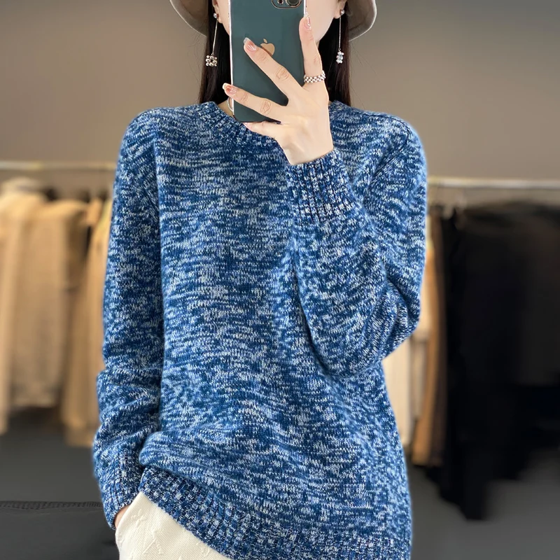 Women\'s 100% Pure Wool O-Neck Pullover, Long Sleeve, Computer Knitted Fashion, Versatile Short Sweater, New Style, 2023