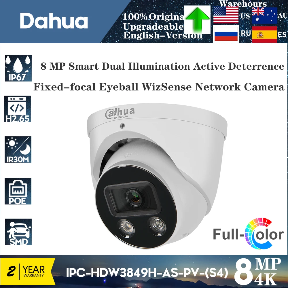 

Dahua 4K 8-мегапиксельная камера Smart Dual Light IPC-HDW3849H-AS-PV-(S4) Tioc Color Night Vision Security Cam Микрофон Динамик Audio SD WizSense