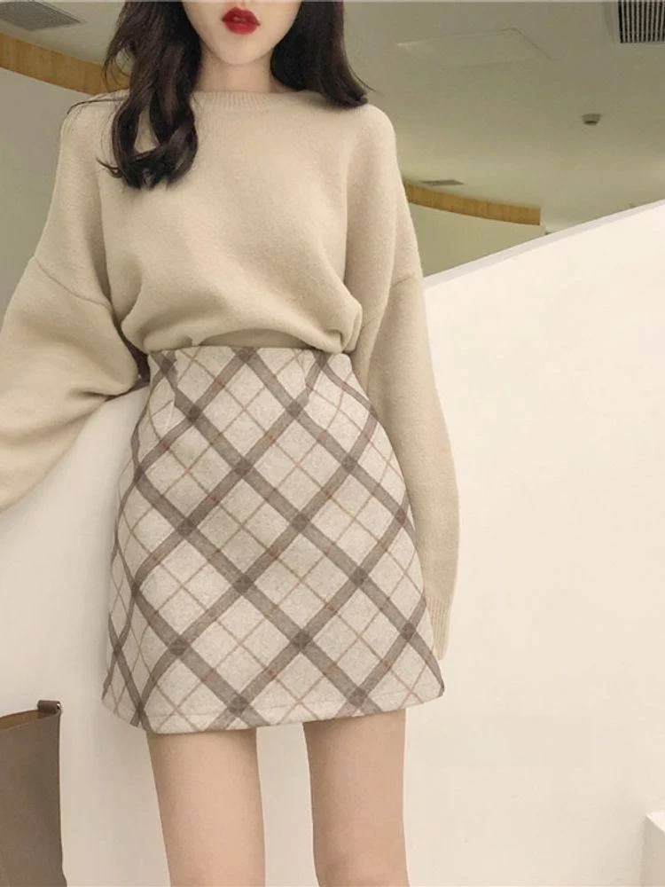 

Весенний винтажный комплект из шерстяной клетчатой юбки и свитера цвета хаки, с высокой талией, А-силуэт, короткая юбка, модный ретро-стиль, женский ансамбль