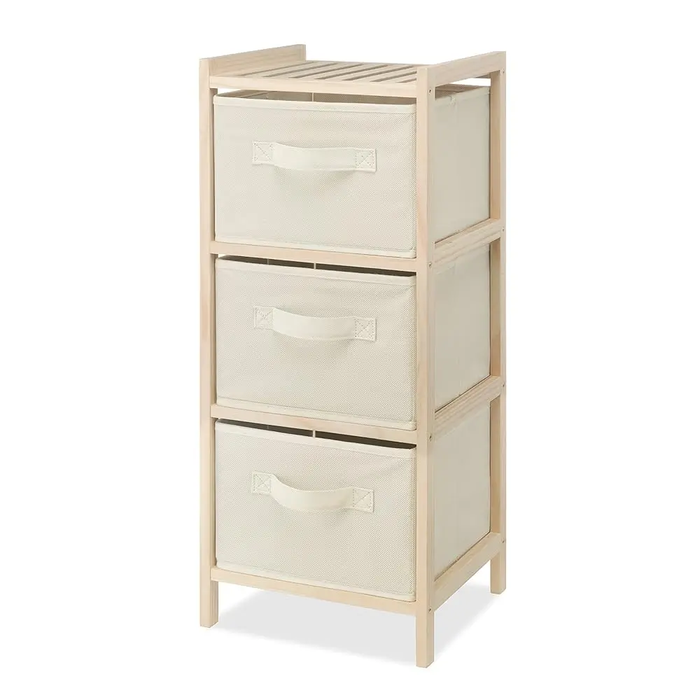 

3 Drawer Wood Chest Organizer, Natural Pine Storage With Pull Out Fabric Bins, Easy Assembly, Compact Design For Bedroom Closet