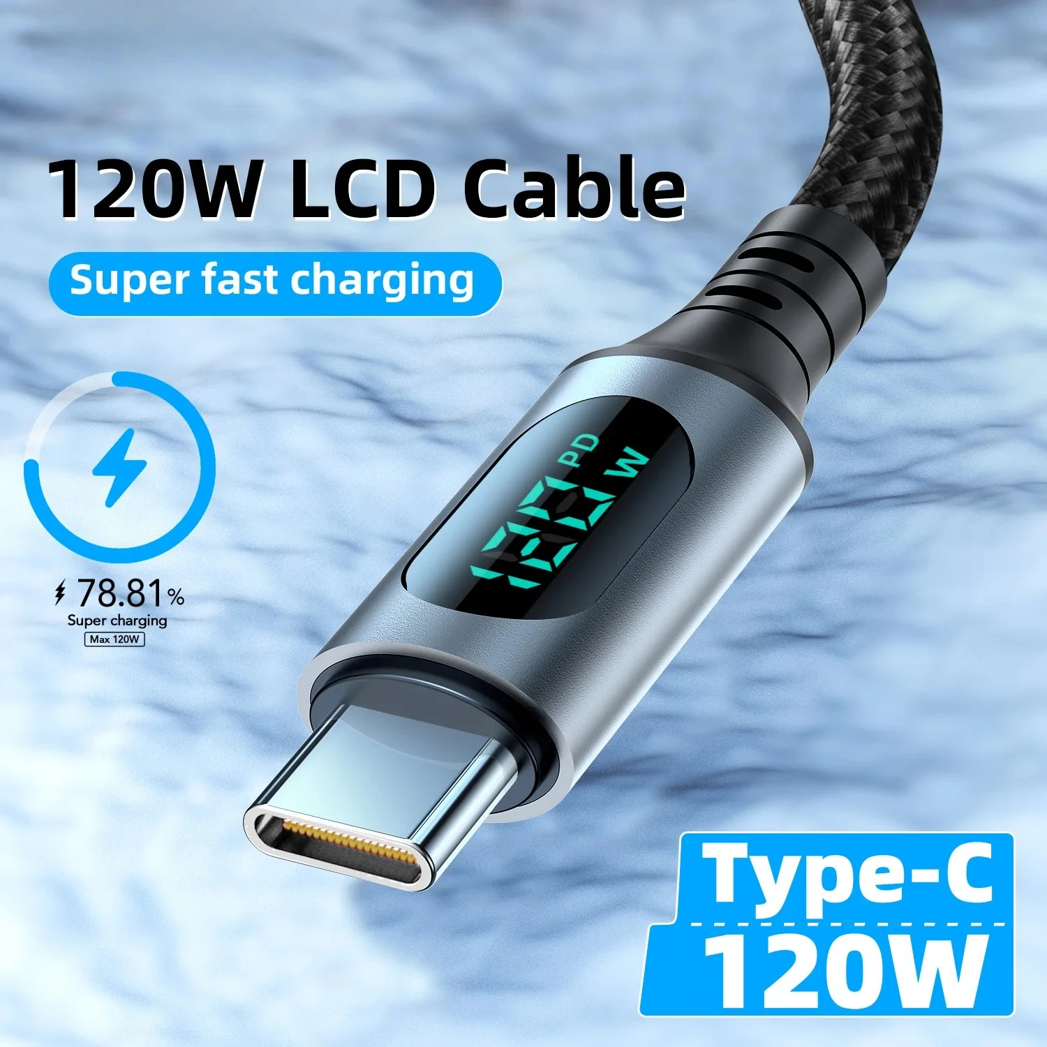 6A 120W Type C Fast Charging Cable Nylon Braided LED Digital Power Display PD Quick Charge Data Cord For Xiaomi Samsung Oppo