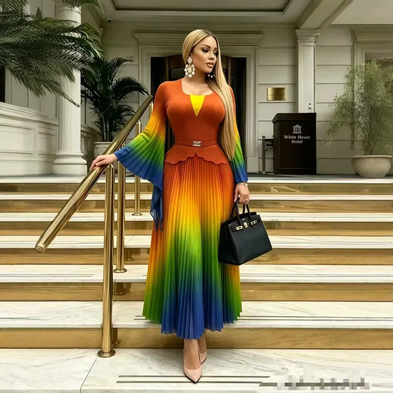 Miyake Pleated Plus Size Folds Long Casual Dress Fashionable Ruffle Sleeves Elegant Gradient Color Design Women's Clothing