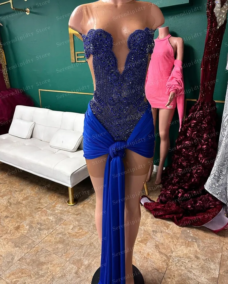SERENDIPIDTY strapless koningsblauwe kristallen kralen applique avondjurk doorzichtige open rug op maat gemaakte luxe jurken
