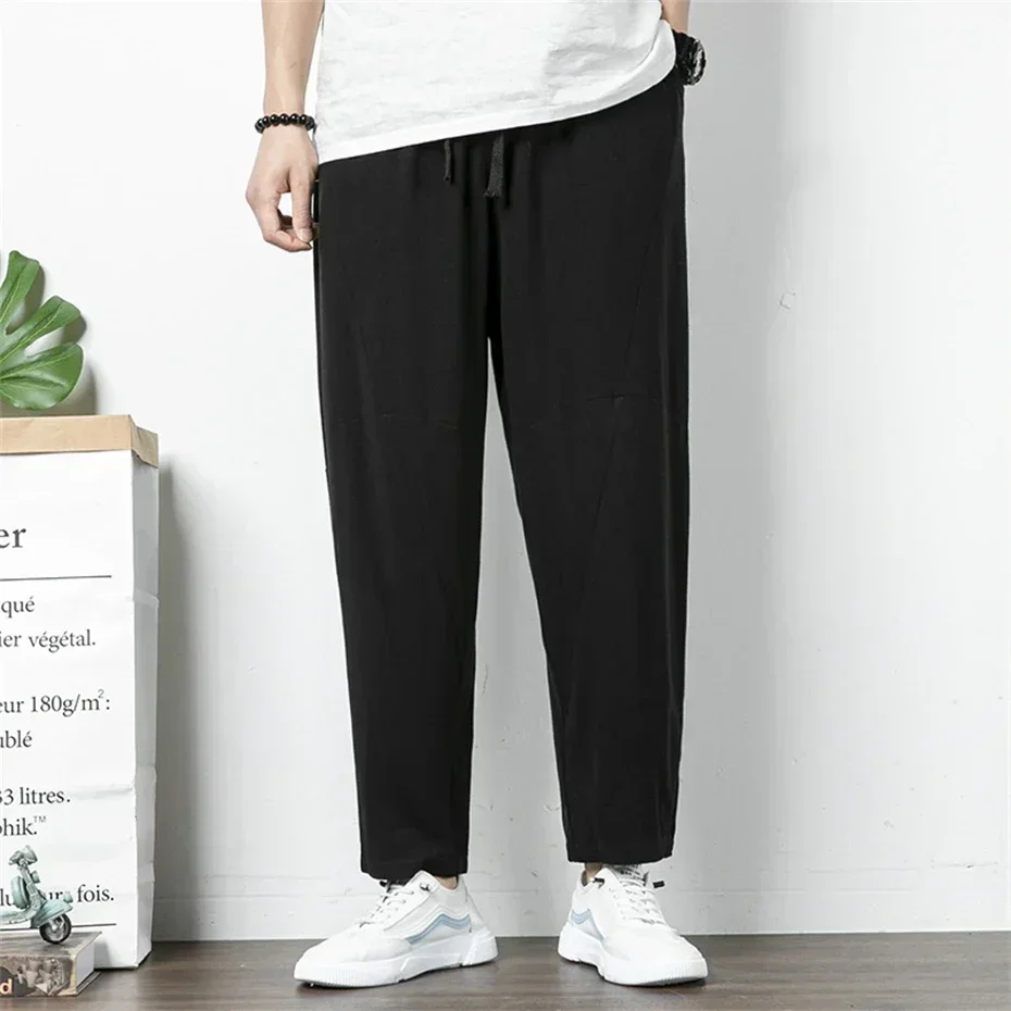 

Men's Linen Straight Pant Solid Color Chinese Style Pants Spring Autumn Casual Harem Pants Male Outdoors Loose Trousers 6XL