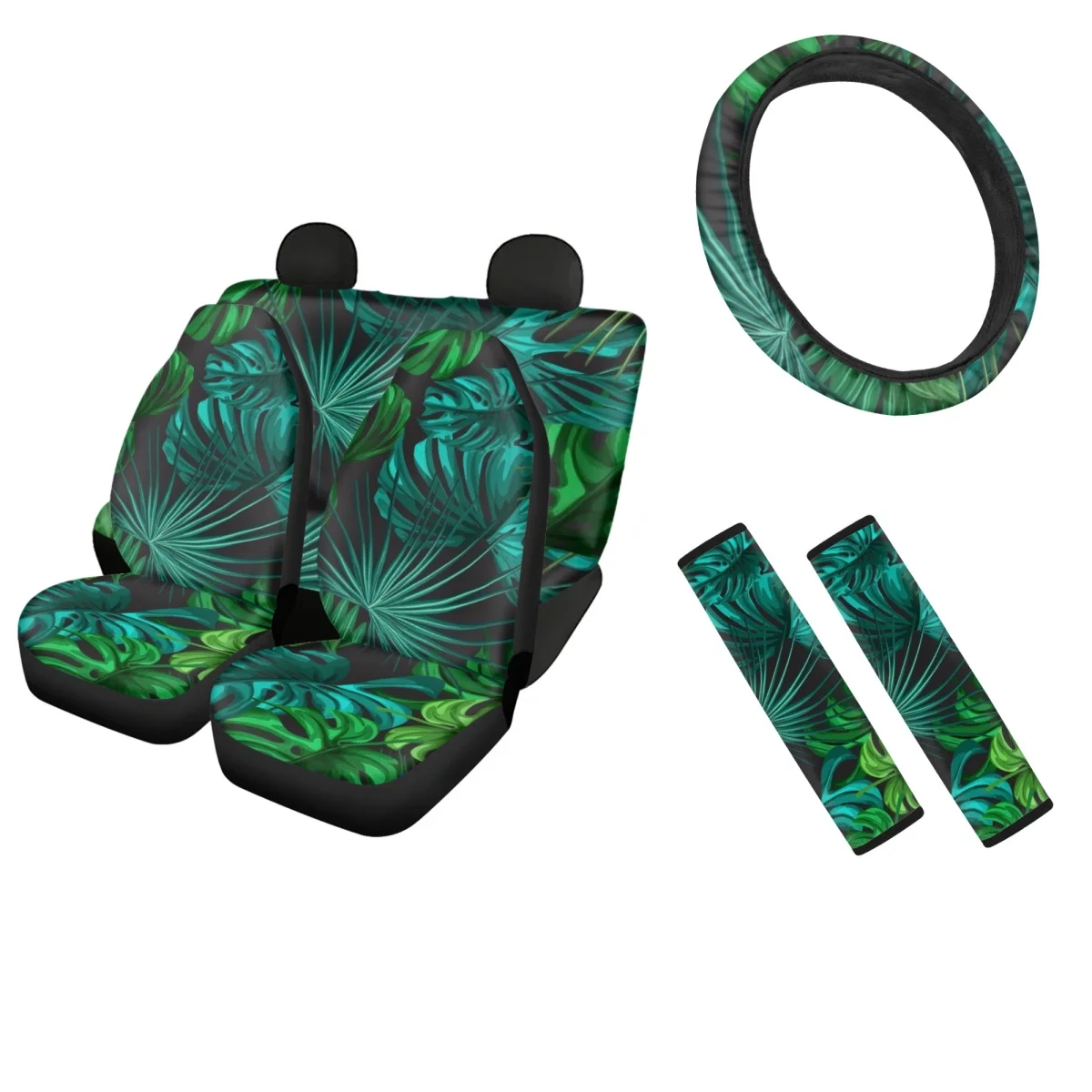 

Tropical Green Leaves Front and Back for Vehicle Seat Covers Car Accessories Seatbelt Shoulder Strap Breathable Steering Wheel