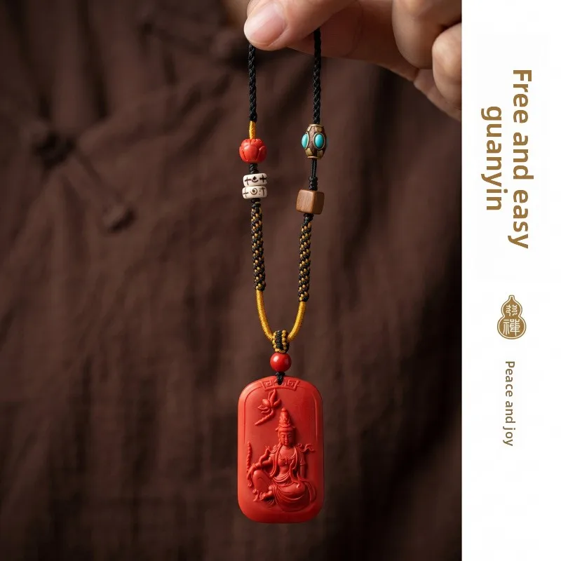 Chinese Style High Purity 99 Red Cinnabar Guanyin Pendant Lucky Blessing Peace Fortune Unisex Necklace For Men Women Zodiac Year