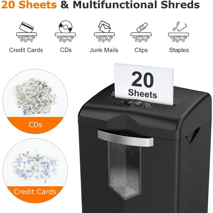 Heavy Duty Paper Shredder, 20 Sheet 40 Mins Large Office Crosscut Shredder for Commercial Use, Anti-Jam System & P-4 High