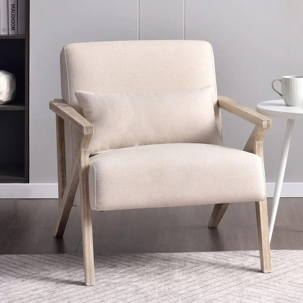 

Mid Century Modern Chair with Wood Frame, Upholstered Armchair with Waist Cushion, Accent Chair for Living Room Bedroom Apartmen