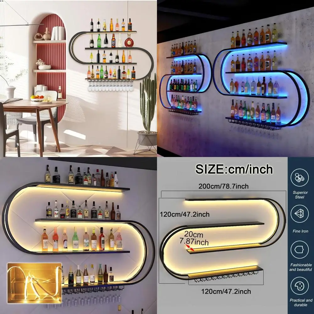 

Светодиодная настенная винная полка с крючками для бокалов, многоуровневая подставка для бутылок в форме полукруга, идеально подходит для кухни или бара (черная)