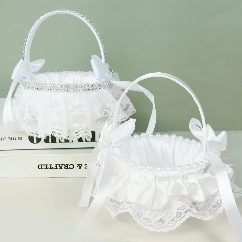 White Flower Girls Basket Silk Flower Basket Wedding Bride Kids Hand Held Flower Petal Basket Wedding Ceremony Party Decorations