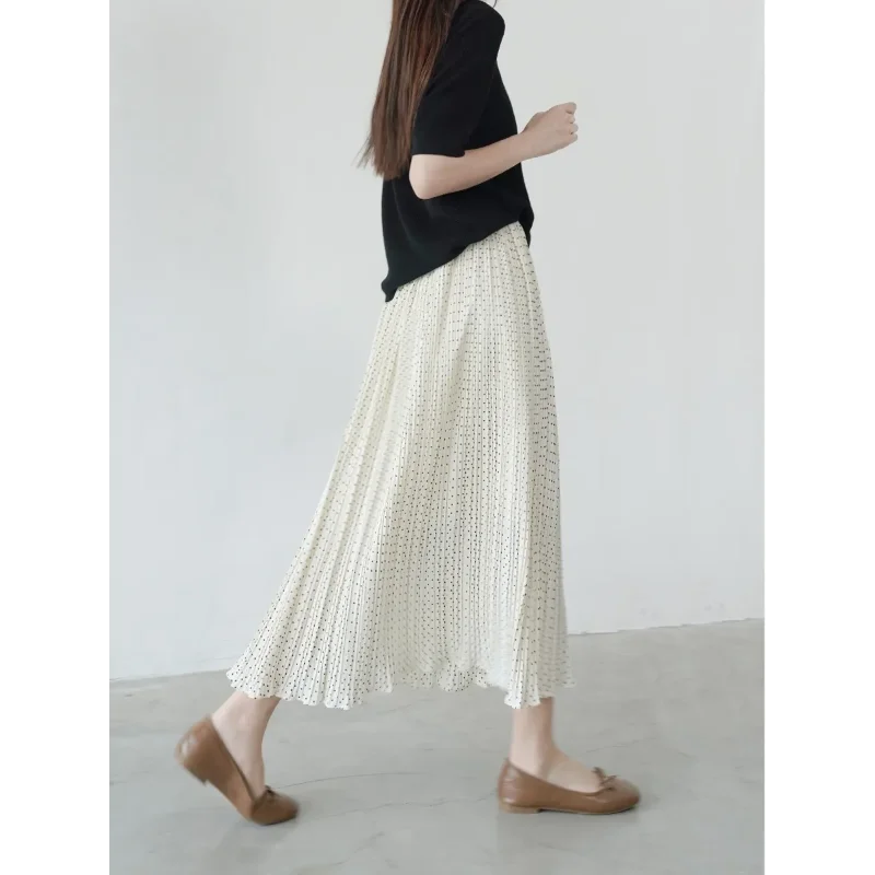 Women's Beige Polka Dot Pleated Midi Skirt Elastic Waist Lightweight Chiffon Casual Office Long Skirt