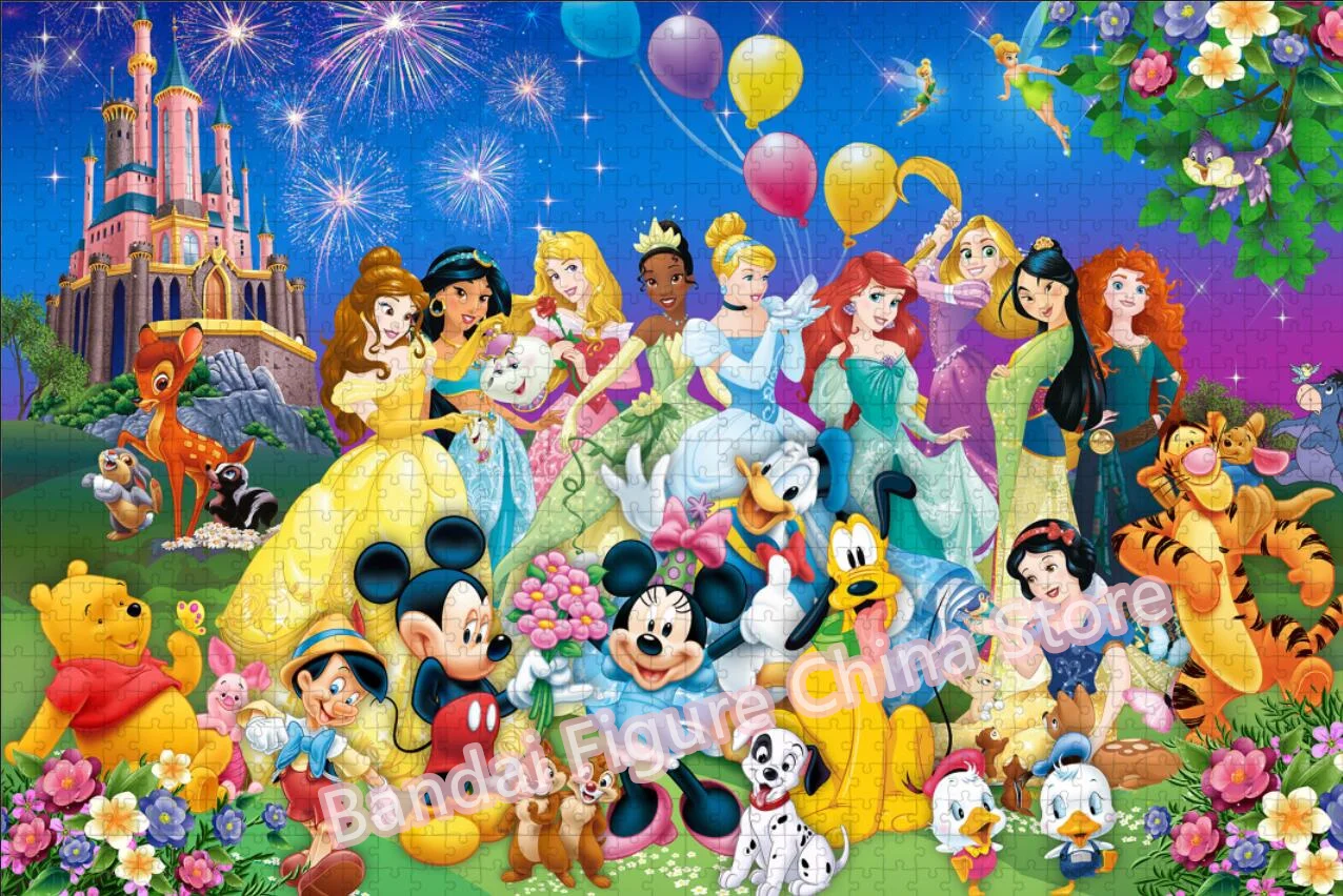Puzzle de fête de famille Disney, dessin animé pour enfants, Intelligence, Portrait de princesse Disney imprimé, décoration de pépinière, jouets cadeaux