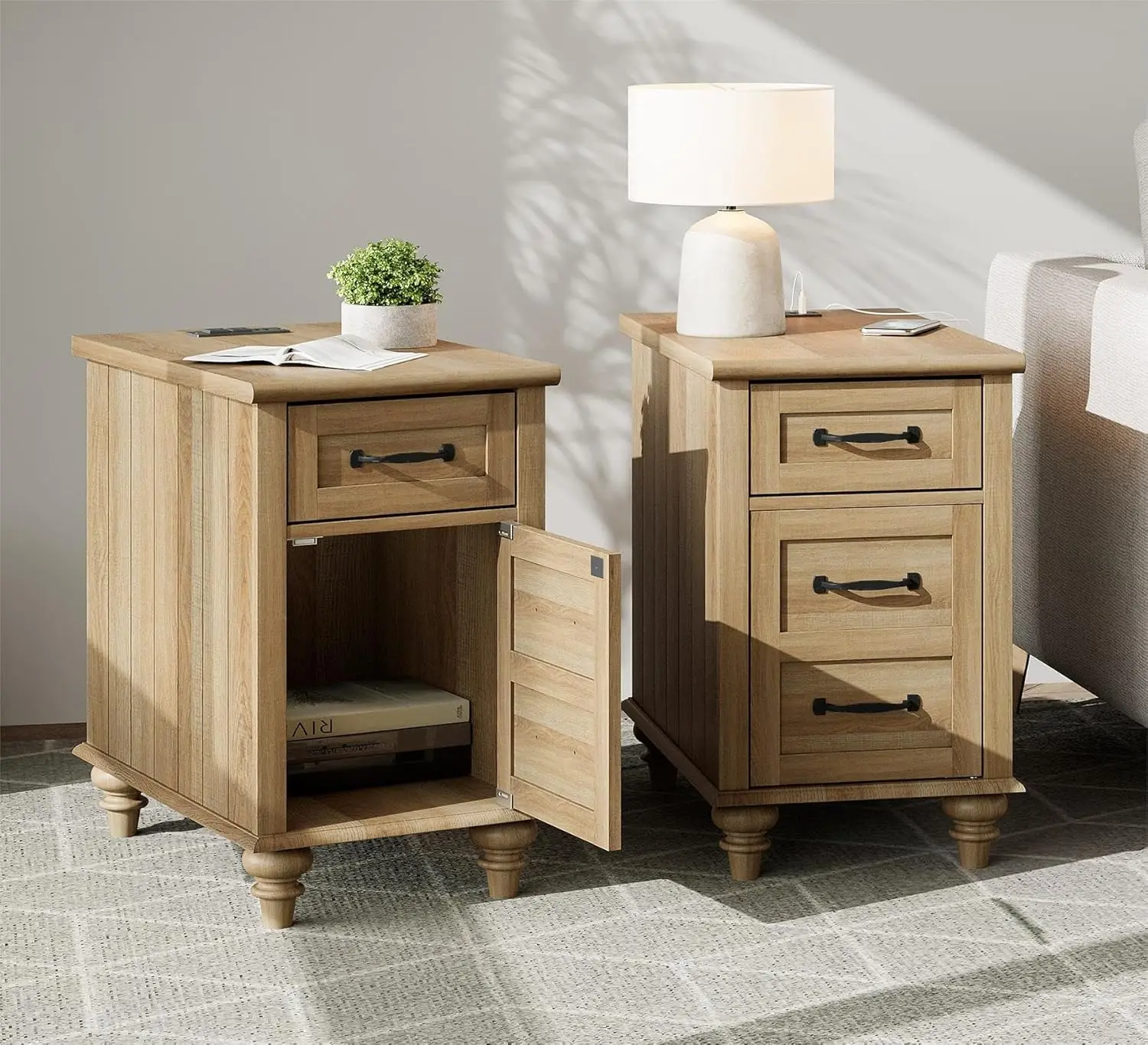 WAMPAT Set of 2 End Tables with Charging Station, Narrow Side Table with Wood Legs, Retro Nightstands with Storage Cabinet