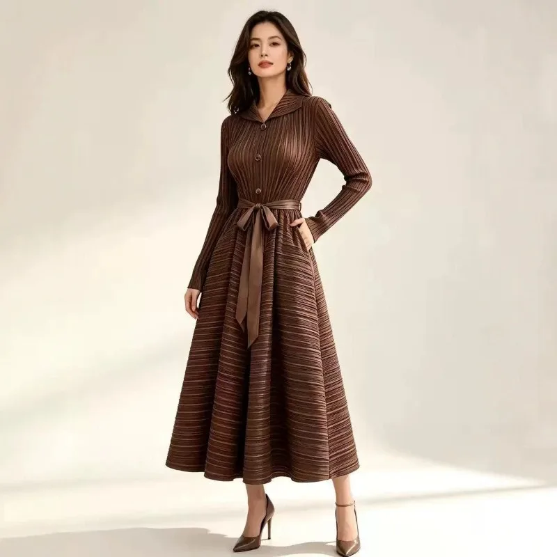 Plus Size 2026 Autumn New Dresses Plisse Turn-down Collar Single-breasted Tie Waist Ruched Flared Dress Large Hem Ruched Dress