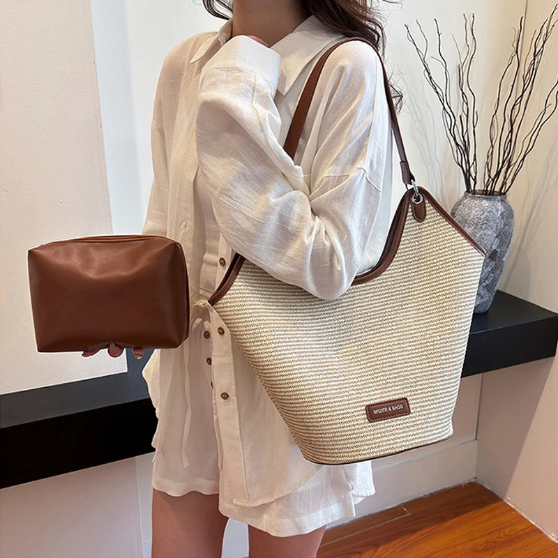 2024 New Fashionable Simple Straw Woven Women's Single Shoulder Versatile Mother Child Tote Bag