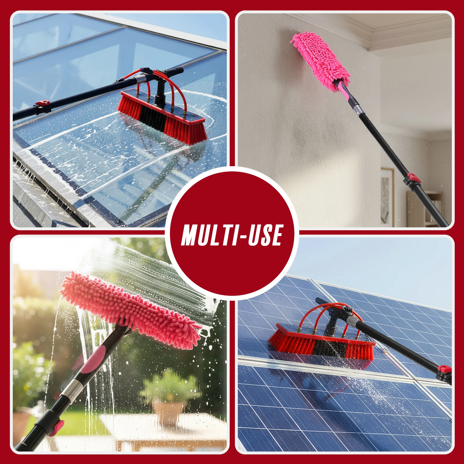 11 قطعة فرشاة تنظيف الألواح الشمسية وممسحة من الفولاذ المقاوم للصدأ أداة غسيل الألواح الشمسية القابلة للتمديد أداة تنظيف النوافذ