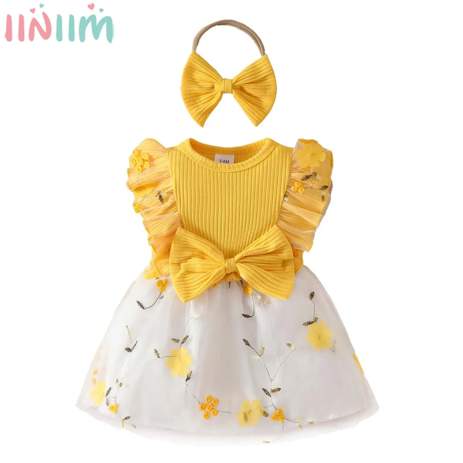 

Летнее милое платье принцессы для маленьких девочек, тюлевая пачка принцессы с рюшами и цветочным бантом и повязкой на голову для фотографии на день рождения