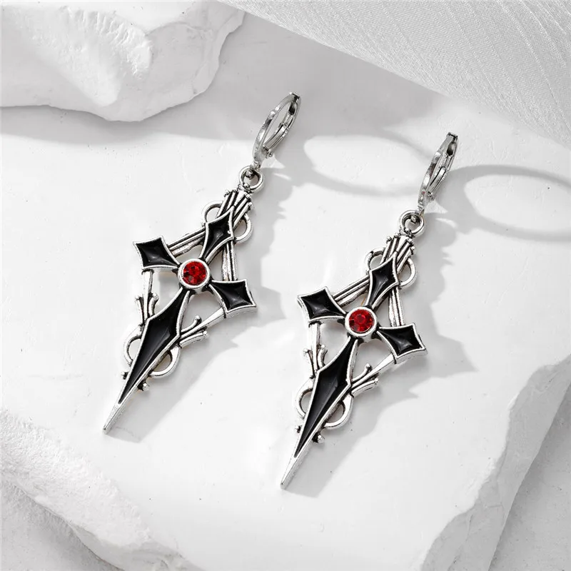 Vintage Punk Red Rose Flower Hollow Cross Earrings For Women Gothic Big Cross Pendant Circle Hoop Earrings Party Jewelry